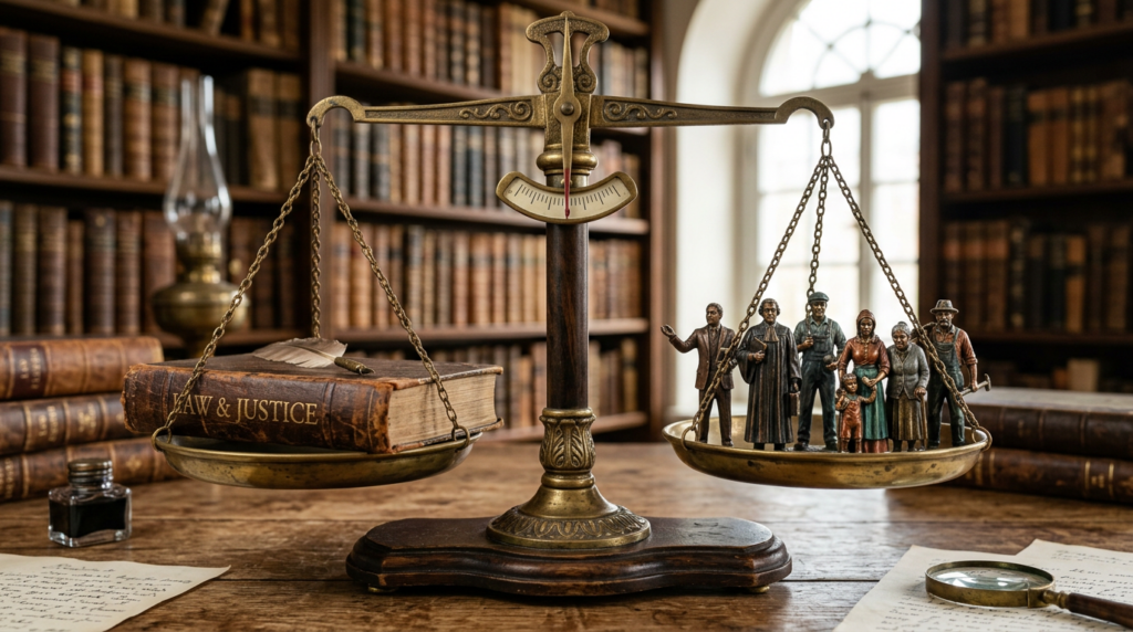 Antique balance scale with a law book on one side and miniature people figures on the other