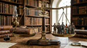 Antique balance scale with a law book on one side and miniature people figures on the other