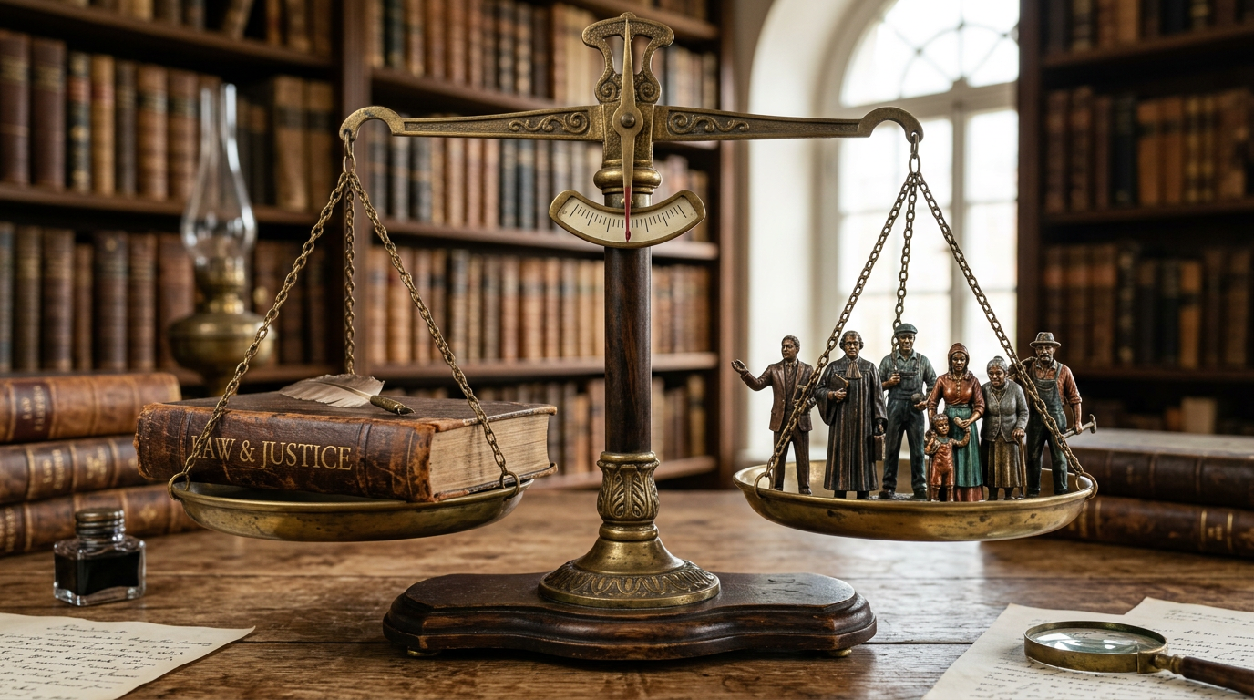 Antique balance scale with a law book on one side and miniature people figures on the other